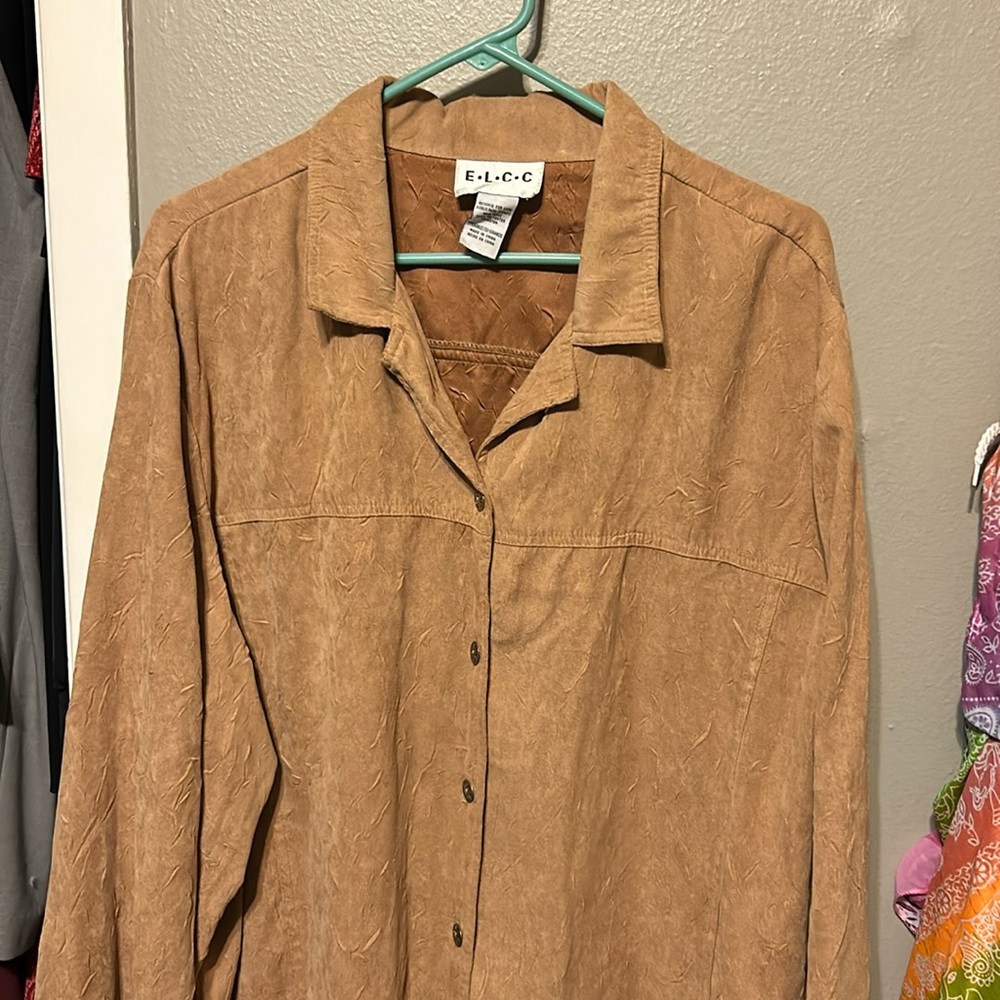 Camel fake suede button down jacket shirt 3x